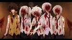  2girls 3boys bad_id bad_pixiv_id blood blood_on_face blood_splatter blood_stain bloody_clothes brown_hair evil_grin evil_smile grin guro horror_(theme) kaibutsu lead_pipe letterboxed multiple_boys multiple_girls nabuta375 necktie sabitsuki school_uniform short_hair smile smile_(.flow) twintails weapon white_hair 