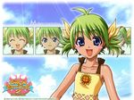  2003 :d bikini bistro_cupid bistro_cupid_2 blue_eyes blush_stickers character_name collarbone copyright_name green_hair happy logo mullein_santorina official_art open_mouth pandaki_(aki) short_hair short_twintails smile solo swimsuit twintails yellow_bikini 