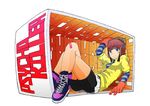  bad_id bad_pixiv_id bandaid bandaid_on_knee bangs bike_shorts blue_eyes crossed_legs gloves gym_shorts headphones jacket niwakaike original pleated_skirt red_hair shirt shoes shorts sitting skirt smile sneakers solo striped striped_shirt 