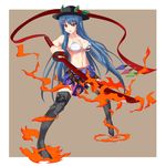  alternate_breast_size alternate_weapon bikini_top blue_hair boots breasts cleavage food fruit full_body gmot hat highres hinanawi_tenshi knee_boots large_breasts long_hair peach red_eyes simple_background solo sword sword_of_hisou touhou weapon 
