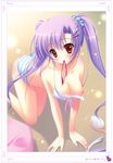  1girl absurdres all_fours breasts brush copyright_request highres mitsui_mana mouth_hold nipples panties purple_hair striped striped_panties twintails underwear wardrobe_malfunction 