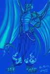  blue blue_theme chain dragon fire looking_at_viewer male solo topless wings 