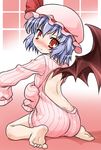  akou_roushi alternate_costume ass back backless_outfit bare_legs barefoot bat_wings blue_hair blush bottomless child fang hat looking_back meme_attire naked_sweater no_pants oversized_clothes red_eyes remilia_scarlet ribbed_sweater short_hair sitting solo sweater touhou virgin_killer_sweater wariza wings 
