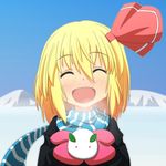  ^_^ blonde_hair blush breath cato_(monocatienus) closed_eyes happy mittens open_mouth rumia scarf short_hair smile snow snow_bunny solo touhou winter_clothes 