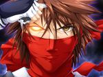  armor brown_hair eyepatch eyepatch_removed face fingerless_gloves game_cg gloves glowing glowing_eye head japanese_armor kawai_masaki kote kunoichi_sakuya lips magic male_focus mask ninja oborome_no_hiei scarf solo yellow_eyes 