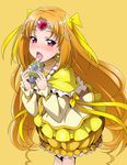  blush bow bubble_skirt choker circlet cure_muse_(yellow) eyelashes frills hair_bow heart licking long_hair open_mouth orange_hair precure purple_eyes shirabe_ako simple_background skirt solo suite_precure tongue very_long_hair yellow yellow_background yellow_bow yellow_choker yellow_skirt youkan 