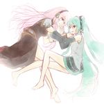  aqua_eyes aqua_hair barefoot hatsune_miku hijiki_(hijikini) long_hair megurine_luka multiple_girls pink_hair sketch smile very_long_hair vocaloid yuri 