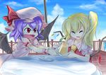  &gt;_&lt; :t bad_id bad_pixiv_id balcony bat_wings blonde_hair child closed_eyes fangs fighting flandre_scarlet food hat low_wings moss_(sphere211) multiple_girls no_hat no_headwear open_mouth plate pudding purple_hair red_eyes remilia_scarlet short_hair siblings side_ponytail sisters skirt skirt_set spoon table tears touhou wavy_mouth wince wings wrist_cuffs 