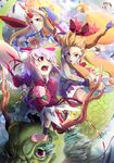  bandages blonde_hair bow bun_cover cup double_bun dragon eastern_dragon flower geta grin hair_bow hidori_(hibi_toridori) horn horns hoshiguma_yuugi ibaraki_kasen ibuki_suika long_hair multiple_girls open_mouth pink_hair red_eyes sakazuki shameimaru_aya short_hair smile tengu-geta touhou 