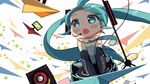  animal_ears aqua_eyes chibi hatsune_miku headset highres long_hair mao_yu necktie open_mouth paper_airplane solo speaker twintails very_long_hair vocaloid wallpaper 