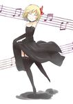  alternate_costume black_dress black_legwear blonde_hair blush choker closed_eyes dancing dress elbow_gloves gloves hair_ribbon highres musical_note ribbon rumia short_hair smile solo thighhighs touhou yutamaro 