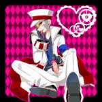  1boy artist_request boy cape erection formal gloves grey_hair hat jacket licking male male_focus masturbation necktie pants penis penis_vibrator pokemon precum red_eyes shoes solo suit tongue uncensored urethral_vibrator vibrator white_pants white_suit 