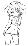  :&lt; animal_ears bikini bikini_pull blush bunny_ears bunny_tail carrot cowboy_shot cropped_legs front-tie_top greyscale groin inaba_tewi jewelry lineart monochrome navel pendant petite pulled_by_self short_hair sky_(freedom) solo swimsuit tail touhou wet 