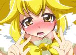  blonde_hair blush bow cure_peace cure_peace_pose double_v eyelashes face gesture hair_flaps kise_yayoi long_hair magical_girl mikagami_sou precure ribbon sketch smile_precure! solo v yellow yellow_bow yellow_eyes 