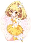  bad_id bad_pixiv_id blonde_hair blush boots bow choker cure_peace double_v eyelashes hair_flaps hair_ornament highres kimishima_ao kise_yayoi kneeling long_hair looking_up magical_girl precure skirt smile smile_precure! solo v white_background wide_ponytail wrist_cuffs yellow yellow_bow yellow_choker yellow_eyes yellow_skirt 