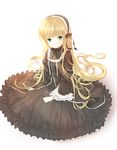  blonde_hair dress frills gosick gothic_lolita green_eyes hairband highres lolita_fashion long_hair long_sleeves ryokucha_manma simple_background sitting solo tsurime very_long_hair victorica_de_blois white_background 