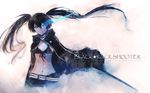  bikini_top black_hair black_rock_shooter black_rock_shooter_(character) blue_eyes burning_eye character_name coat glowing glowing_eye highres long_hair midriff navel shorts sola7764 solo sword twintails uneven_twintails very_long_hair weapon 