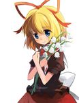  bad_id bad_pixiv_id blonde_hair blue_eyes bow dress eluthel flower hair_ribbon highres lily_of_the_valley medicine_melancholy ribbon short_hair simple_background smile solo touhou upper_body 