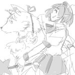  animal_ears bad_id bad_pixiv_id greyscale grin highres inubashiri_momiji inubashiri_momiji_(wolf) looking_at_viewer monochrome open_mouth potion01 shameimaru_aya short_hair sketch skirt smile solo touhou wolf_ears 