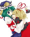  absurdres blonde_hair blue_eyes closed_eyes doll doll_joints dqn_(dqnww) dress green_hair hair_ornament hair_ribbon hands_on_another's_chest hat highres hug medicine_melancholy multiple_girls open_mouth ribbon shiki_eiki short_hair smile su-san touhou wings 