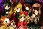  blonde_hair blush bonnet bow brown_hair doku_imouto_ko dress drill_hair flower hair_bow hair_ornament hairband hands_clasped hat heterochromia hina_ichigo kanaria long_hair multiple_girls open_mouth own_hands_together pink_bow red_eyes rozen_maiden shinku siblings sisters smile souseiseki suigintou suiseiseki twins 