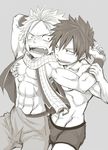  2boys abs blush bulge character_request chest clothed_erection ebitendon erection erection_under_clothes fair_tail fairy_tail from_behind gray_fullbuster grope groping male male_focus monochrome multiple_boys muscle natsu_dragneel open_clothes pecs scarf topless torakichi_(ebitendon) underwear vest yaoi 