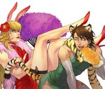  animal_ears animal_print asami_you barnaby_brooks_jr blonde_hair brown_eyes brown_hair bunny_ears china_dress chinese_clothes crossdressing dagger dress elbow_gloves extra_ears fan feather_boa flower garter_straps glasses gloves green_eyes hair_flower hair_ornament high_heels kaburagi_t_kotetsu kemonomimi_mode lipstick makeup male_focus manly multiple_boys muscle nail_polish one_eye_closed paw_gloves paws scarf shoes tail thigh_strap thighhighs tiger_&amp;_bunny tiger_ears tiger_print tiger_tail weapon white_legwear 