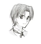  bangs fate/zero fate_(series) greyscale hazuki_jun male_focus monochrome parody portrait solo style_parody toosaka_tokiomi upper_body white_background younger 