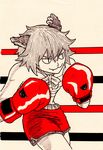  :3 animal_ears bandages boxing boxing_gloves cat_ears chen earrings fang highres jewelry monochrome red sarashi short_hair shorts touhou tres-iques 