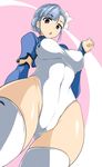  :o blue_hair blush breasts cameltoe detached_sleeves fin_e_ld_si_laffinty flower from_below hair_flower hair_ornament highleg highleg_leotard hips large_breasts leotard looking_down momio open_mouth rinne_no_lagrange solo thighhighs wide_hips 
