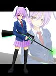  animal_ears bunny_ears buttons crazy_eyes eyelashes formal gun kneehighs necktie purple_hair reisen rifle short_hair skirt solo soraneko93 suit thighhighs time_warp_rifle touhou weapon zoom_layer 