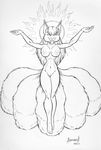  ashtoreth big_breasts breasts canine evil_grin female fox huge_breasts inked looking_at_viewer mammal multiple_tails no_pupils nude pencil plain_background pussy raised_arm smile solo sun_halo thigh_gap white_background 