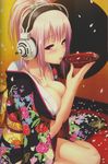  absurdres alcohol blush breasts cleavage collarbone cup fingernails floral_print hair_up headphones highres japanese_clothes kimono large_breasts long_hair nail_polish nitroplus obi open_clothes open_mouth petals pink_hair red_eyes sakazuki sake sash sitting solo super_sonico tsuji_santa 