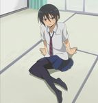  1boy animated animated_gif black_hair black_legwear blush bounce bra crossdressing danshi_koukousei_no_nichijou genderswap gif long_hair necktie open_shirt ponytail school_uniform short_hair sitting skirt socks solo tadakuni_(danshi_kokosei_no_nichijou) trap 