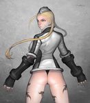  ahoge ass blonde_hair blue_eyes braid cammy_white fingerless_gloves flat_ass garrison_cap gloves hat highleg highleg_leotard huge_ahoge leotard long_hair looking_back mandrill panties scar solo street_fighter thong thong_leotard twin_braids underwear 