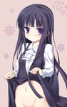  black_hair bottomless dress dress_lift inu_x_boku_ss long_hair navel no_panties purple_eyes pussy pussy_peek safi shirakiin_ririchiyo solo 