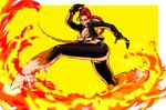  between_breasts black_gloves braid breasts cleavage crimson_viper earrings fire full_body glasses gloves high_heels jewelry kicking large_breasts long_hair midriff necktie necktie_between_breasts okada_(hoooojicha) pants red_hair shoes simple_background solo street_fighter street_fighter_iv_(series) very_long_hair 