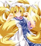  animal_ears bad_id bad_pixiv_id blonde_hair blush fox_tail hat highres kmkm9696 multiple_tails short_hair solo tabard tail touhou yakumo_ran yellow_eyes 