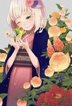  ao_no_exorcist blonde_hair bob_cut flower green_eyes haori japanese_clothes kimono moriyama_shiemi nii_(ao_no_exorcist) one_eye_closed sheep_sleep short_hair smile 