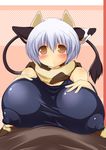  1girl :&lt; animal_ears bare_shoulders blue_hair breast_rest breast_suppress breasts cow cow_ears cow_girl cow_tail female highres horns hotaru-mia huge_breasts nipples no_bra original puffy_nipples scarf see-through shirt short_hair skin_tight solo tail tears upper_body yellow_eyes 
