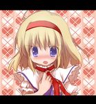  alice_margatroid blonde_hair blue_eyes blush capelet hairband heart izumi_yukiru letterboxed open_mouth short_hair solo touhou 