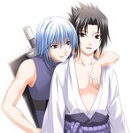  2boys artist_request blue_hair fang hoozuki_suigetsu hozuki_suigetsu hug male male_focus male_only multiple_boys naruto naruto_shippuuden sword uchiha_sasuke weapon 