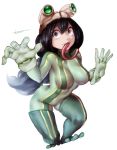  1girl artist_name asui_tsuyu black_eyes black_hair bodysuit boku_no_hero_academia boots breasts frog_girl full_body gloves goggles goggles_on_head green_bodysuit green_gloves green_legwear hair_between_eyes hair_rings highres long_hair long_tongue low-tied_long_hair medium_breasts otonaru simple_background skin_tight solo thigh_boots thighhighs tongue tongue_out very_long_hair very_long_tongue white_background 