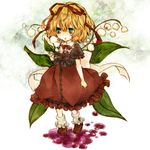  bad_id bad_pixiv_id blonde_hair blue_eyes bow dress flower full_body hair_ribbon koura_higure lily_of_the_valley medicine_melancholy open_mouth puddle ribbon short_hair solo touhou 