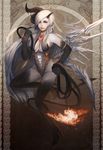  angel_wings bare_shoulders braid breasts corset demon_girl demon_tail earrings fire halterneck horns jewelry large_breasts lips long_hair original tail tail-tip_fire tetsu_(aurvandil) thighhighs twin_braids whip white_hair wings 