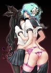  ass back black_hair black_legwear blue_eyes blue_hair demon_girl demon_tail flower garter_belt hair_flower hair_ornament hair_ribbon hayama_kazusa highres hug lace lace-trimmed_thighhighs legs long_hair multiple_girls open_mouth original panties pantyhose pink_legwear pink_panties pleated_skirt ribbon school_uniform skirt succubus tail thighhighs thighs thong underwear undressing very_long_hair yellow_eyes yuri 