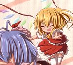  ^_^ ahoge ascot blonde_hair closed_eyes detached_wings fang flandre_scarlet hair_over_eyes hat hat_removed headwear_removed kisa_(k_isa) multiple_girls no_hat no_headwear open_mouth pushing remilia_scarlet siblings side_ponytail sisters skirt skirt_set thighhighs touhou wavy_mouth white_legwear wings 