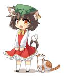  animal_ears asyura7 bad_id bad_pixiv_id bloomers bow brown_eyes brown_hair cat cat_ears cat_tail chen chibi child dress earrings fang jewelry multiple_tails nekomata open_mouth red_dress shirt short_hair solo standing tail touhou underwear v_arms 