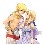  1girl ahoge alternate_costume arnoul artoria_pendragon_(all) bad_id bad_pixiv_id blonde_hair blue_eyes bracelet dress earrings fate/zero fate_(series) gilgamesh hair_ribbon hand_on_another's_chin hetero jewelry necklace red_eyes ribbon saber shirtless toga white_background 