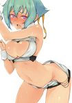  aquarion_(series) aquarion_evol arched_back armpits bad_id bad_pixiv_id bent_over blush breasts cleavage cleavage_cutout green_hair inayama large_breasts midriff navel no_panties purple_eyes revealing_clothes short_hair shorts solo sweat thighs zessica_wong 